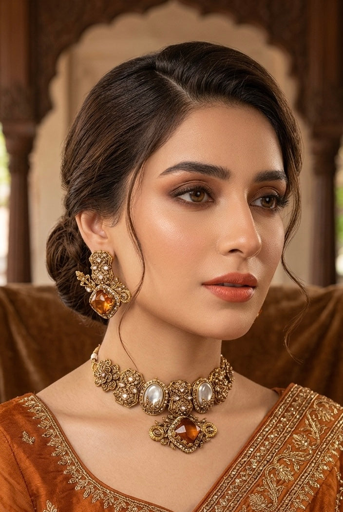 Amber citrine statement necklace set JW279 - Pakistani women's luxury bridal jewelry with honey amber stones and white pearls front view