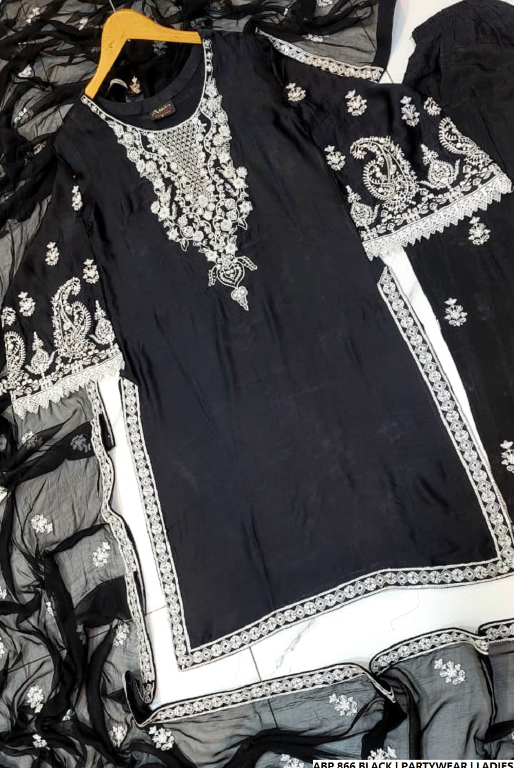 Pakistani women's black silk straight shirt detail view