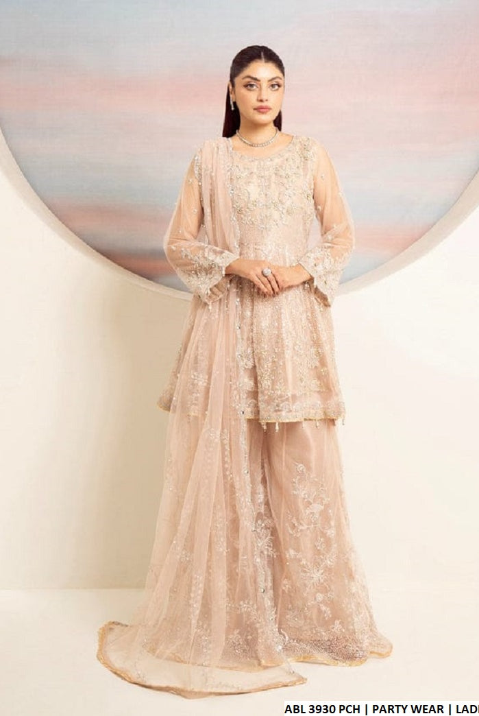 Soft net straight frock gharara ABL 3930 - Pakistani women's festive luxury party wear with net dupatta front view