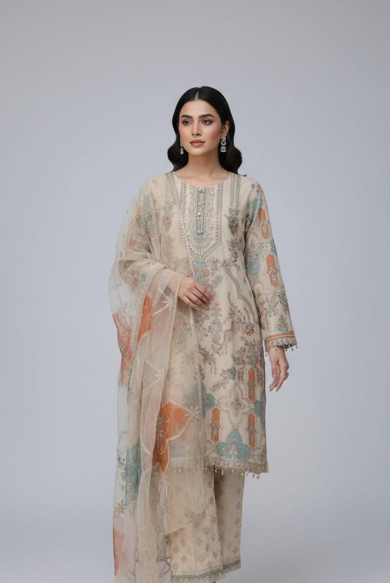 Organza shirt plazo ABL 3701 - Pakistani women's elegant formal wear with viscose trouser front view
