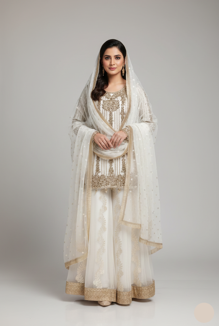 Organza shirt plazo ABL 3753 - Pakistani women's elegant formal wear with zari organza trouser front view