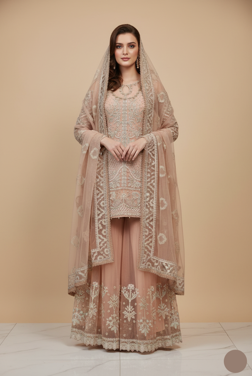 Organza straight shirt plazo ABL 3923 - Pakistani women's elegant formal wear with organza dupatta front view