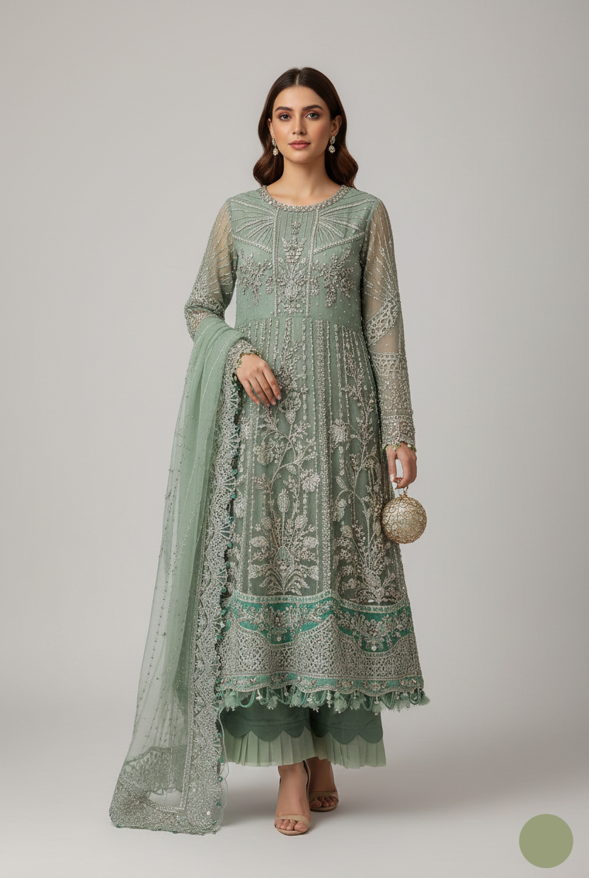 Organza A-Line shirt ABL 3977 - Pakistani women's luxury formal wear with viscose trouser front view