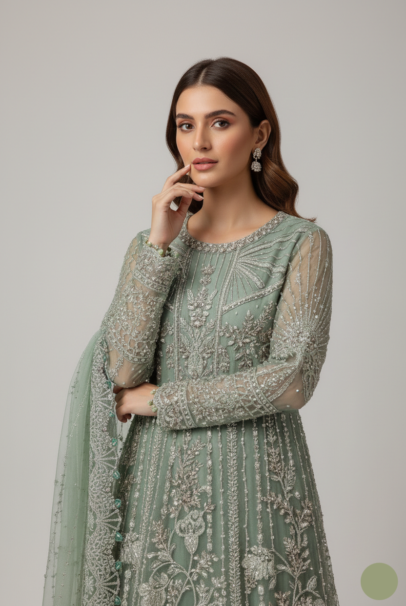 ABL 3977 organza Pakistani women's A-Line outfit side view