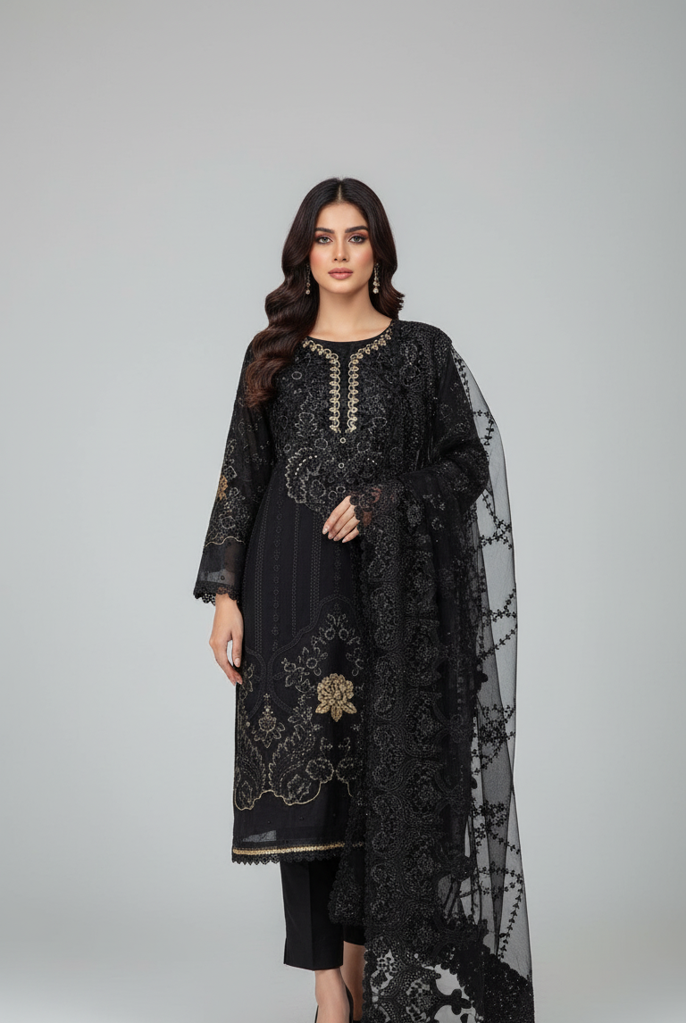 Chiffon straight shirt black - Pakistani women's party wear with viscose trouser and chiffon dupatta front view