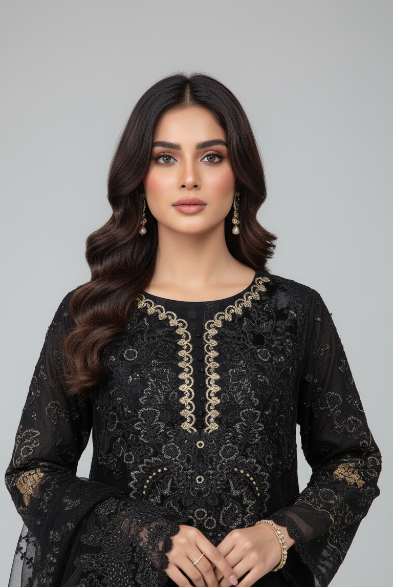 Black chiffon Pakistani women's straight shirt side view