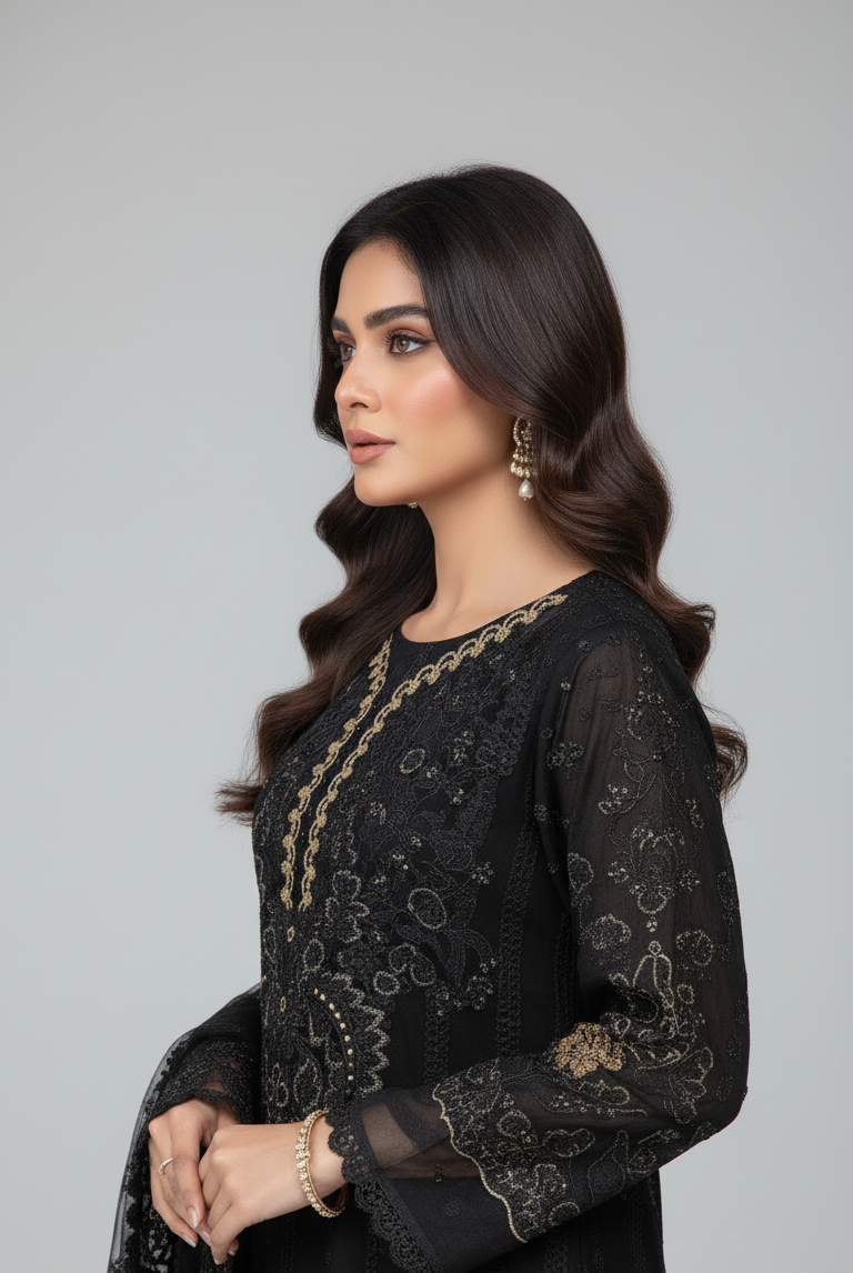 Pakistani women's black chiffon straight shirt back view