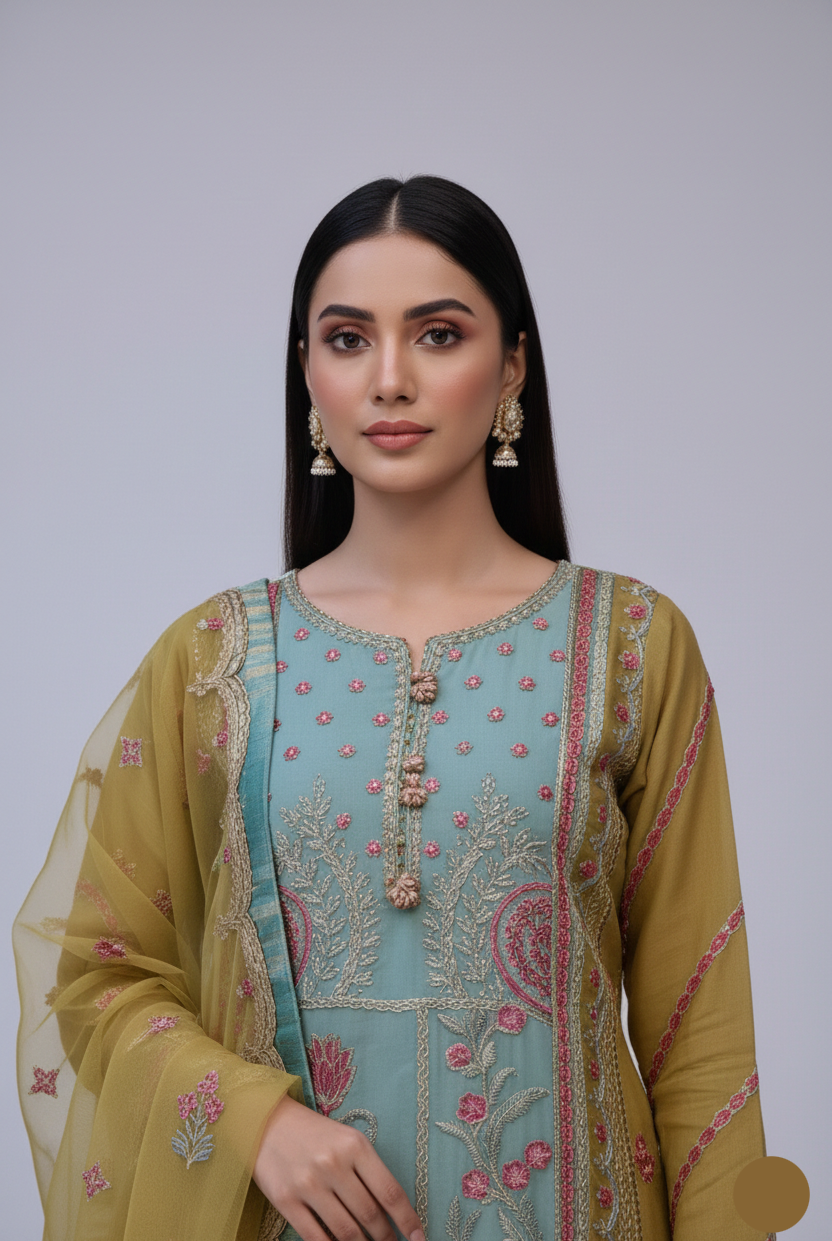 Organza straight shirt ABS 3157 - Pakistani women's elegant formal wear with grip trouser and organza dupatta front view