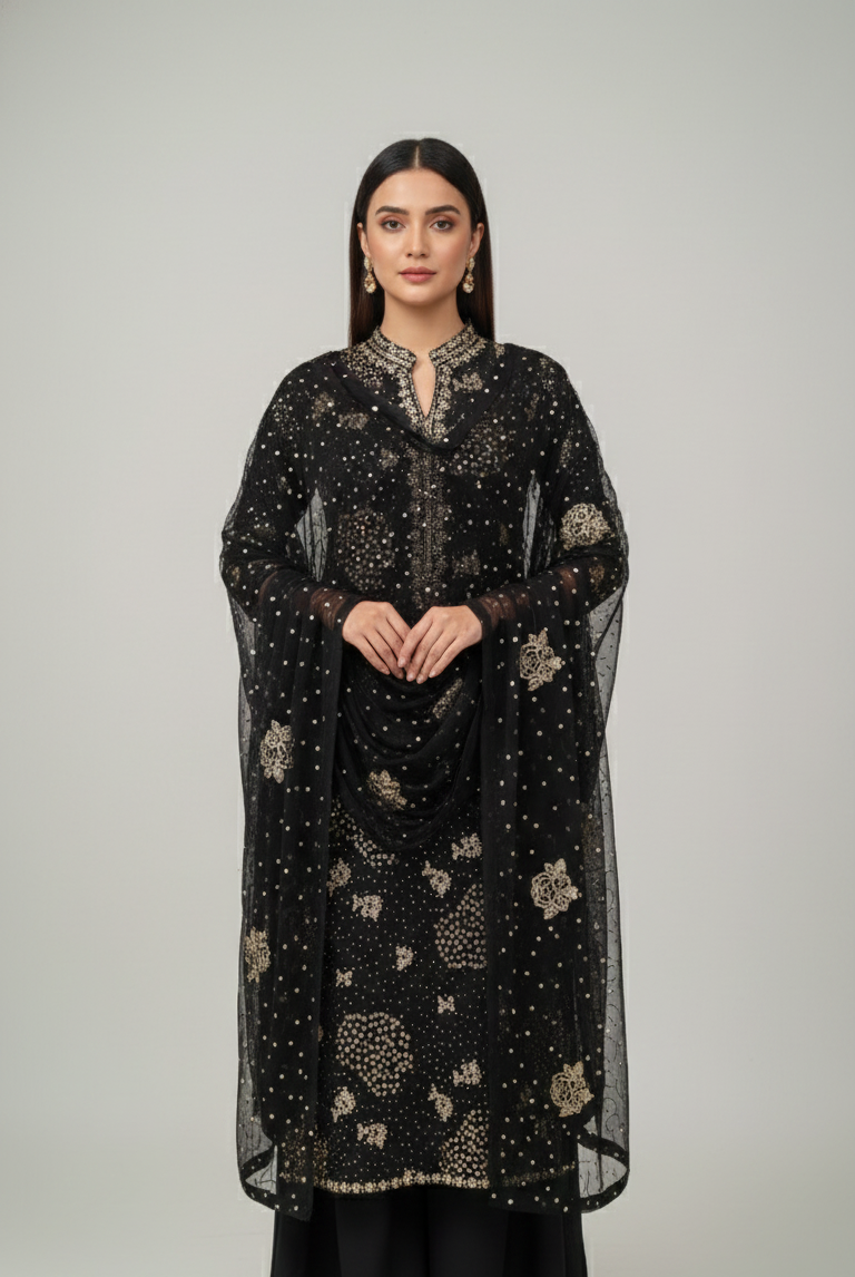 Chiffon straight shirt black - Pakistani women's party wear with viscose trouser and chiffon dupatta front view