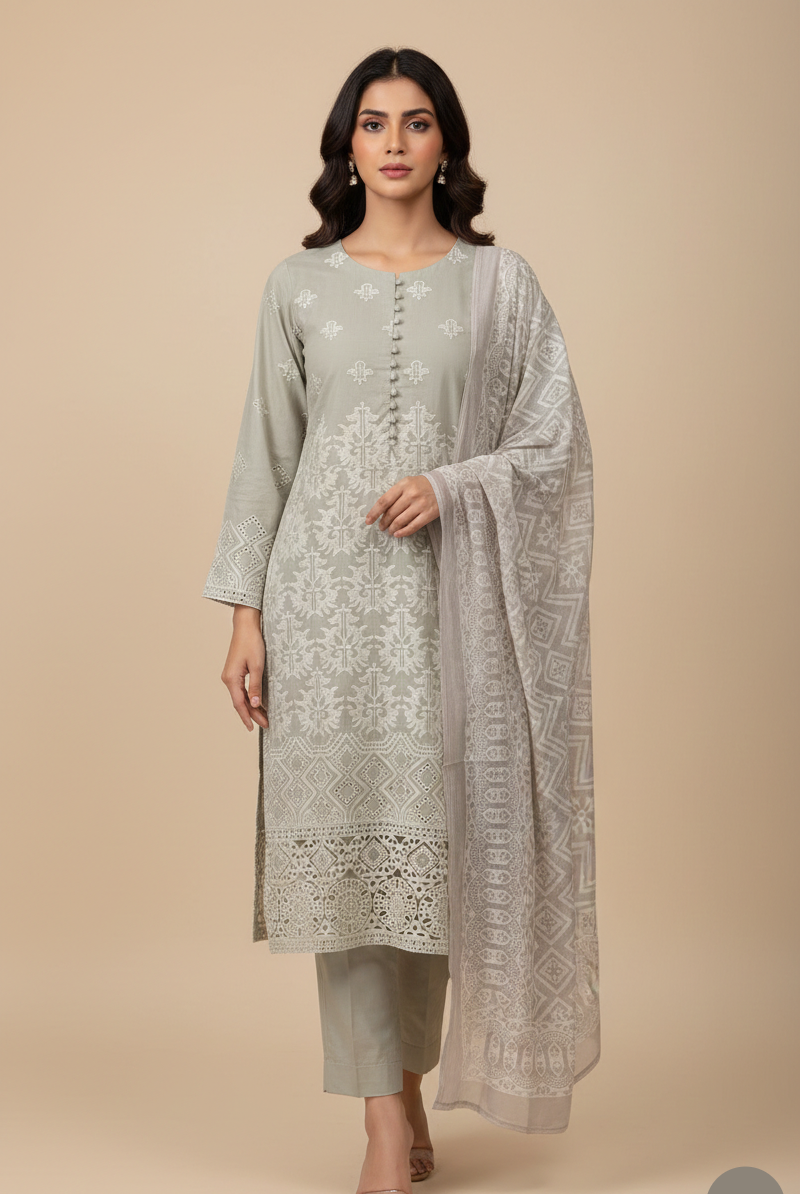 Cotton straight shirt grey - Pakistani women's casual everyday outfit with digital print dupatta front view