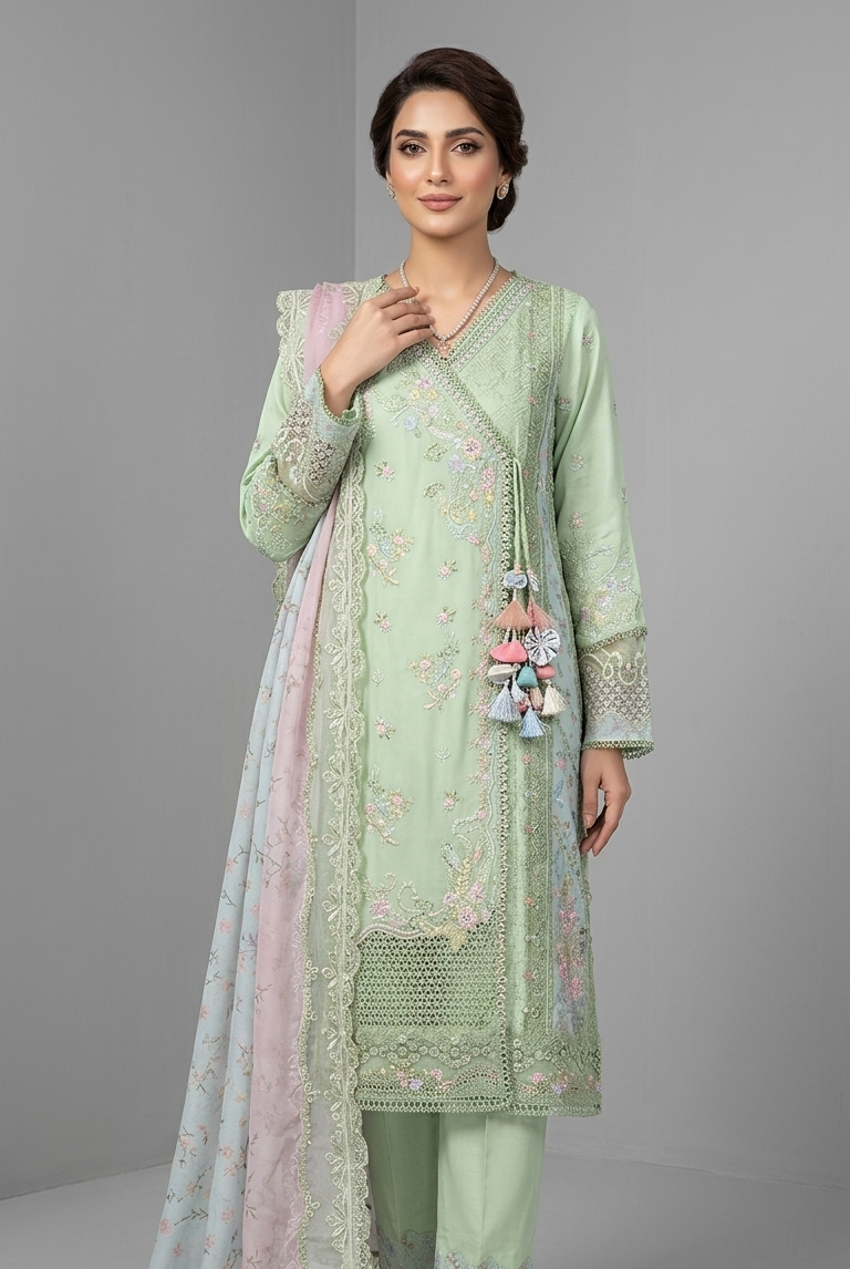 Cotton A-Line shirt plazo ABL 1228 PISTA - Pakistani women's casual outfit with digital printed dupatta front view