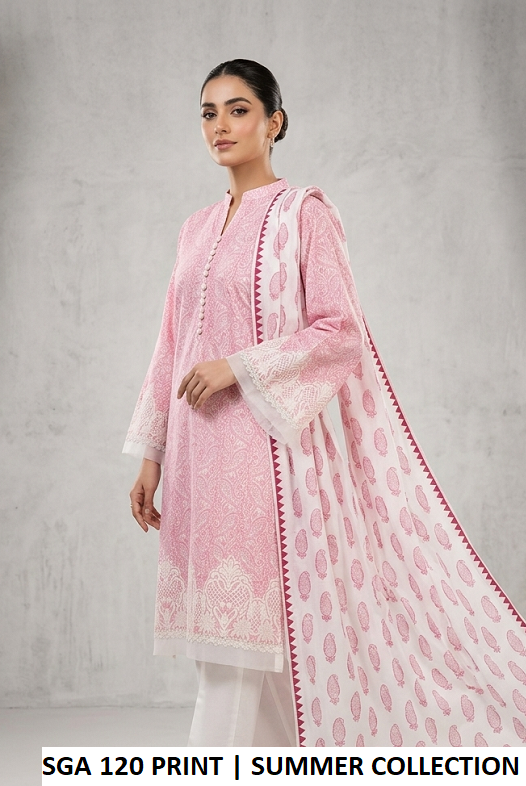 Lawn A-Line shirt SGA 120 PRINT - Pakistani women's casual summer outfit with cotton trouser and lawn dupatta front view