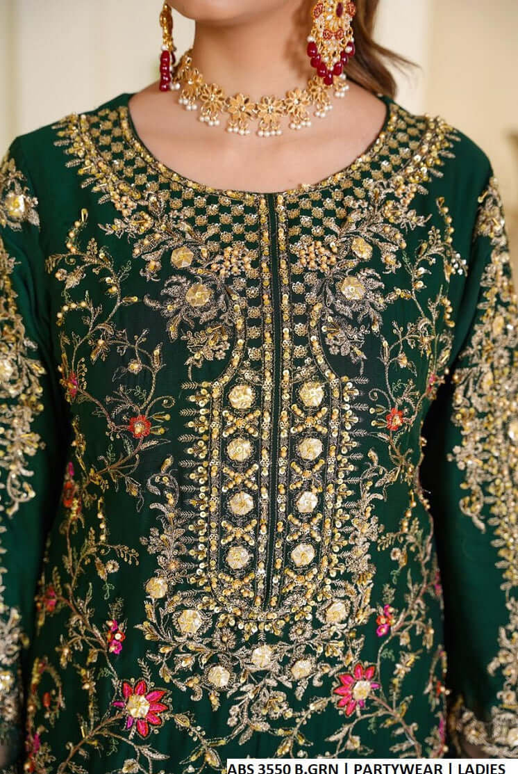 Bottle green chiffon Pakistani women's straight shirt side view
