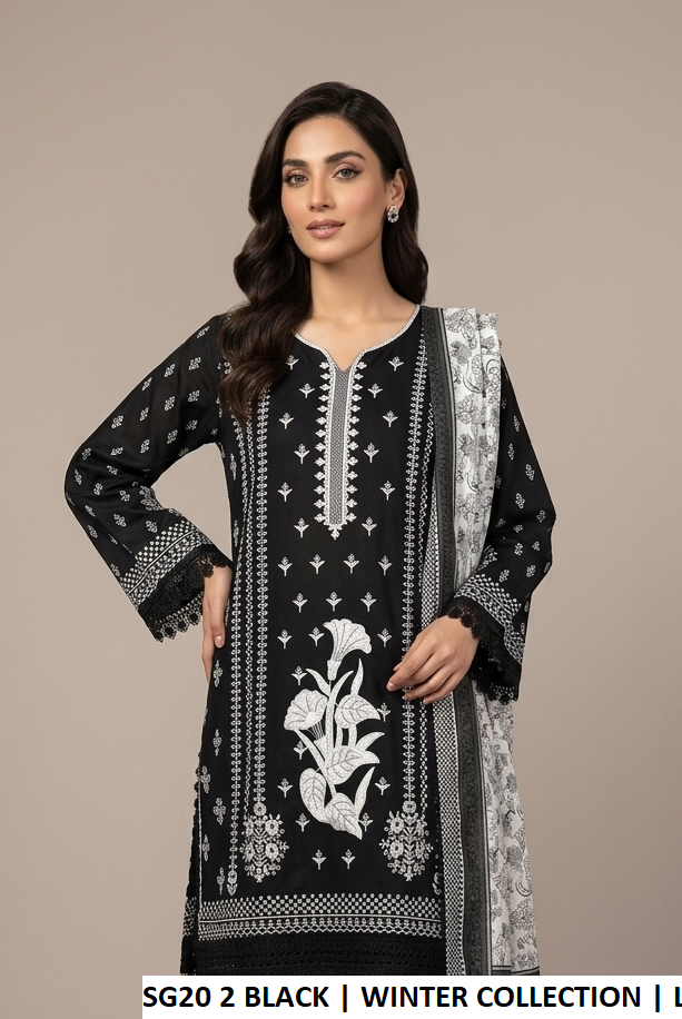 Khaddar A-Line shirt black - Pakistani women's winter 3-piece suit with khaddar trouser and dupatta front view