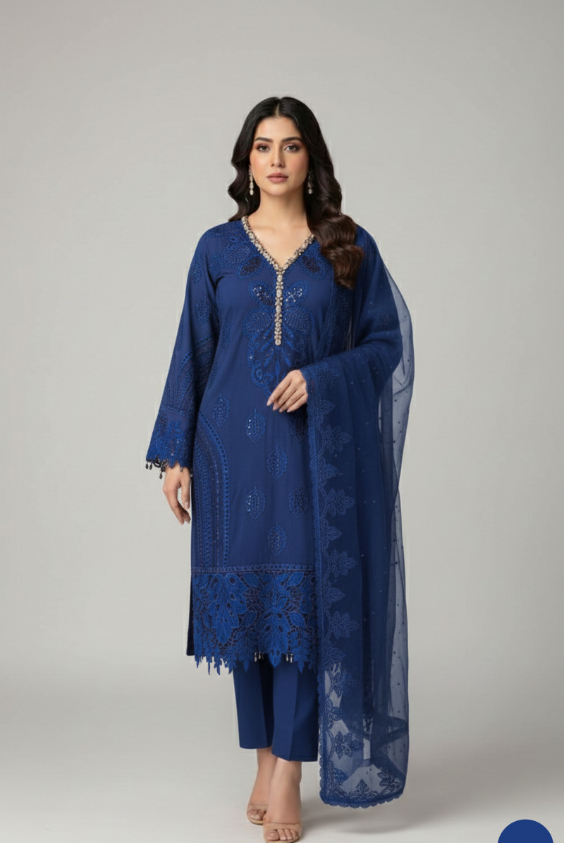 Chiffon straight shirt royal blue - Pakistani women's formal party wear with viscose trouser and chiffon dupatta front view