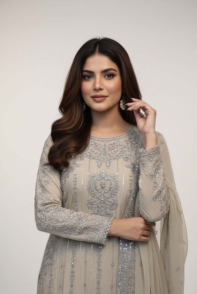 Beige silk Pakistani women's straight shirt side view