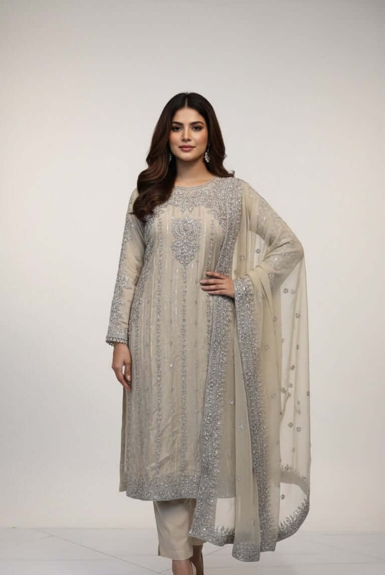 Silk straight shirt beige - Pakistani women's elegant formal wear with silk trouser and chiffon dupatta front view