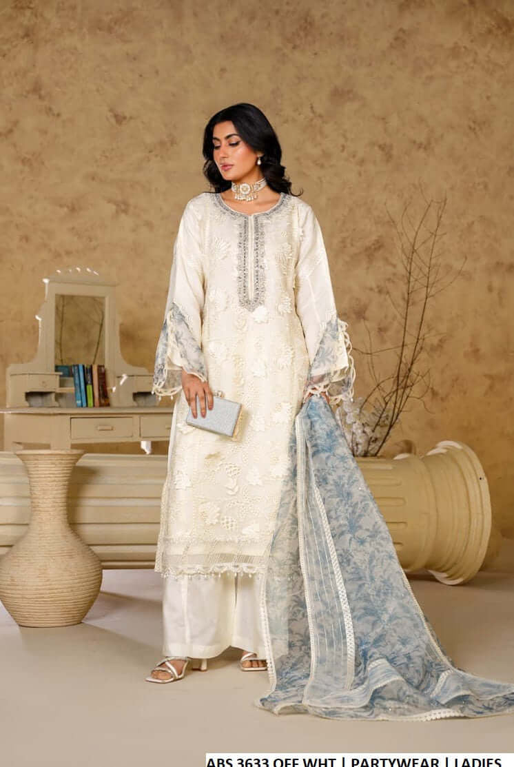 Organza straight shirt plazo off white - Pakistani women's formal party wear with grip plazo and organza dupatta front view