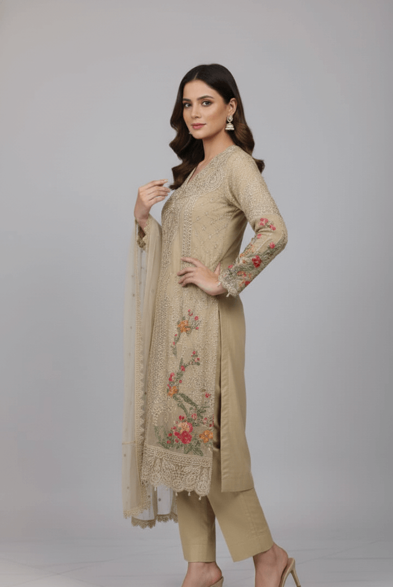 Skin chiffon Pakistani women's straight shirt side view