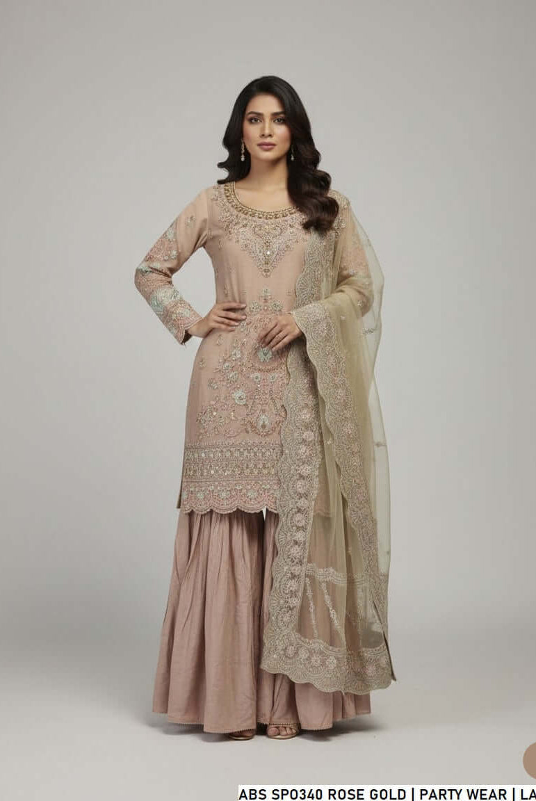Masuri short shirt garara rose gold - Pakistani women's festive party wear with soft net dupatta front view