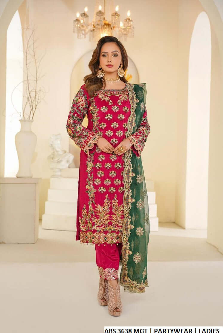 Silk straight shirt magenta - Pakistani women's formal party wear with silk trouser and organza dupatta front view