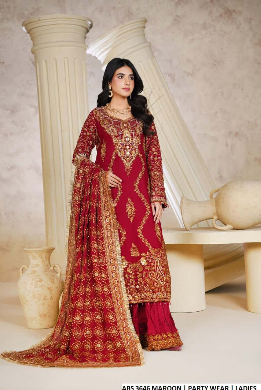 Chiffon A-Line shirt sharara maroon - Pakistani women's luxury festive party wear with viscose trouser and chiffon dupatta front view