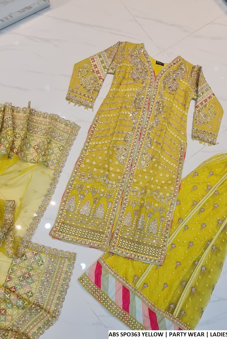 Pakistani women's yellow net straight open shirt plazo back view