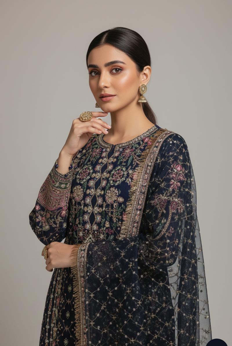 Navy blue chiffon Pakistani women's straight shirt side view