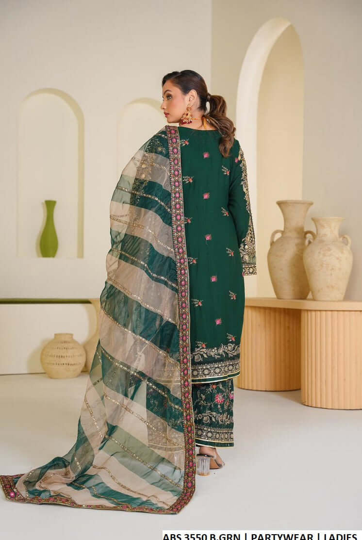 Pakistani women's bottle green chiffon straight shirt detail view