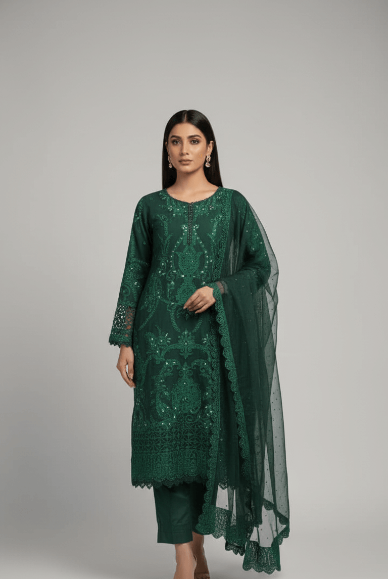 Bottle green chiffon Pakistani women's straight shirt side view