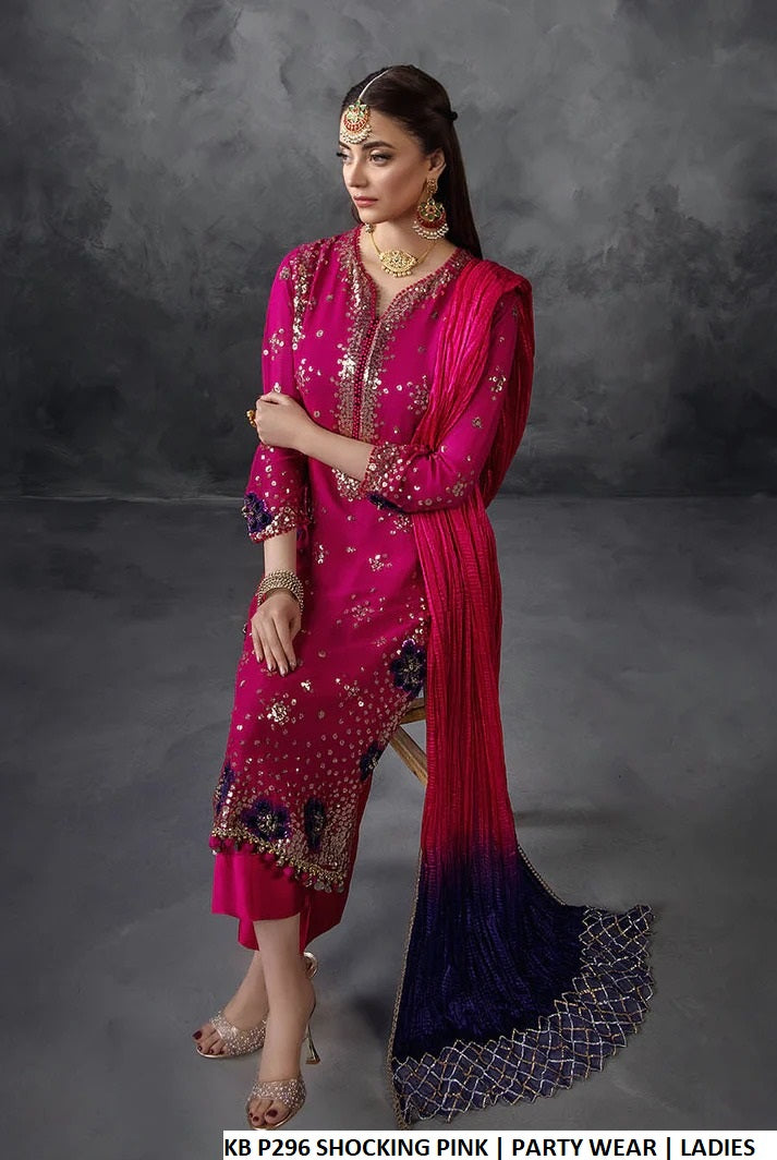 Pakistani women's shocking pink crinkle chiffon luxury shirt detail view