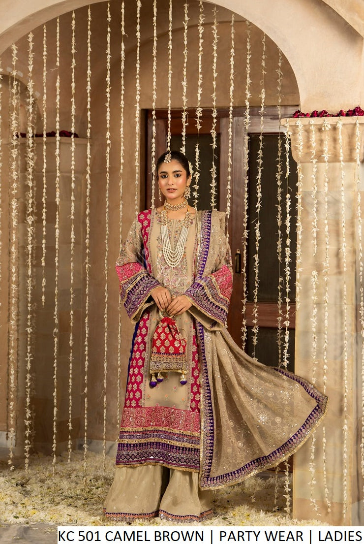 Camel brown chiffon Pakistani women's long shirt side view