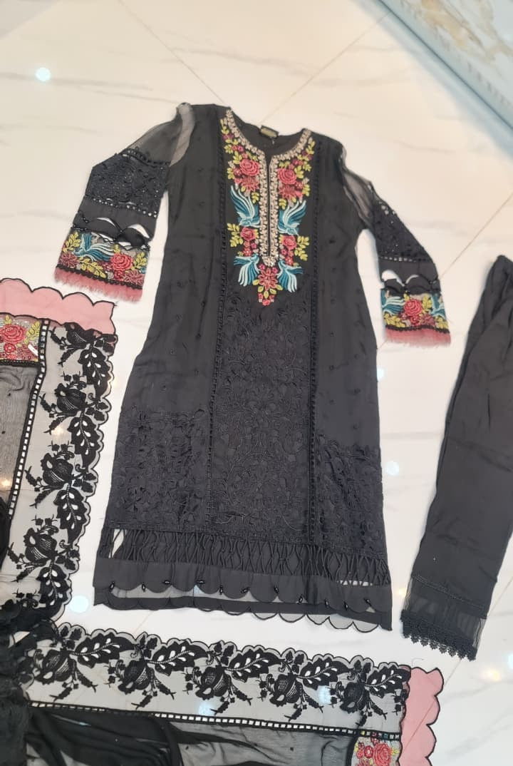 Black organza Pakistani women's straight shirt with viscose trouser back view