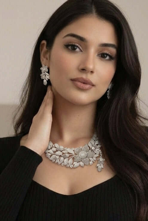 Floral diamond statement set 1 carat - Pakistani women's luxury bridal jewelry with floral diamond pattern front view