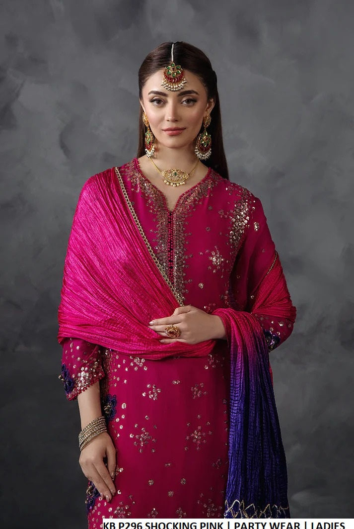 Shocking pink crinkle chiffon Pakistani women's embellished shirt side view