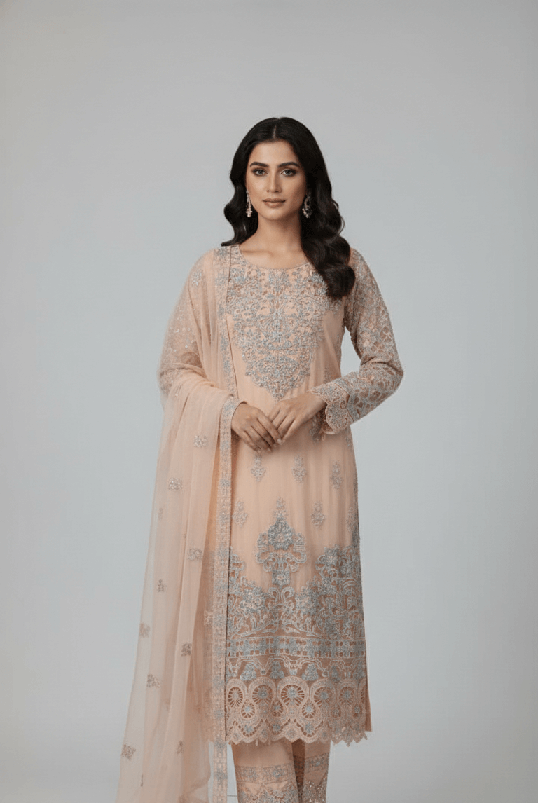 Organza straight shirt peach - Pakistani women's elegant formal wear with viscose trouser and organza dupatta front view