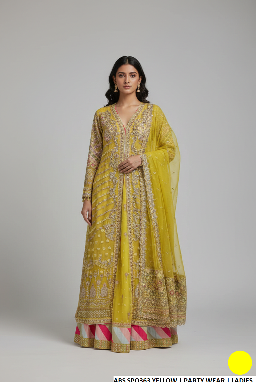 Net straight open shirt plazo yellow - Pakistani women's luxury formal wear with soft net plazo and organza dupatta front view