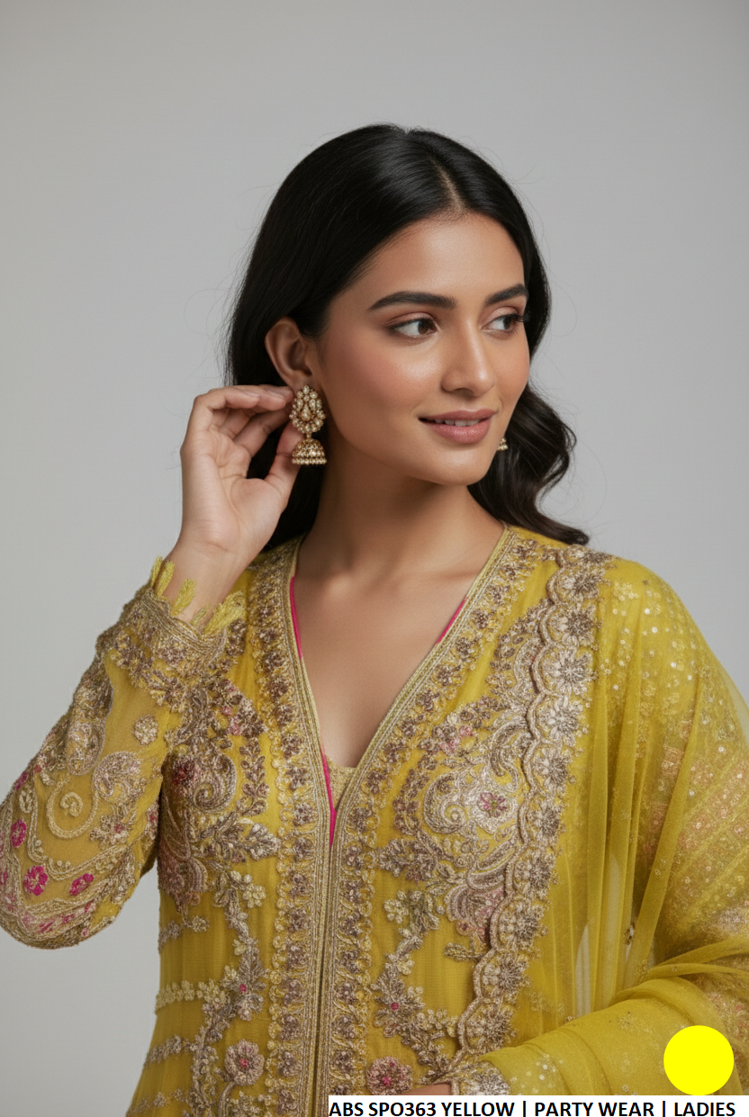 Yellow net Pakistani women's straight open shirt with plazo side view