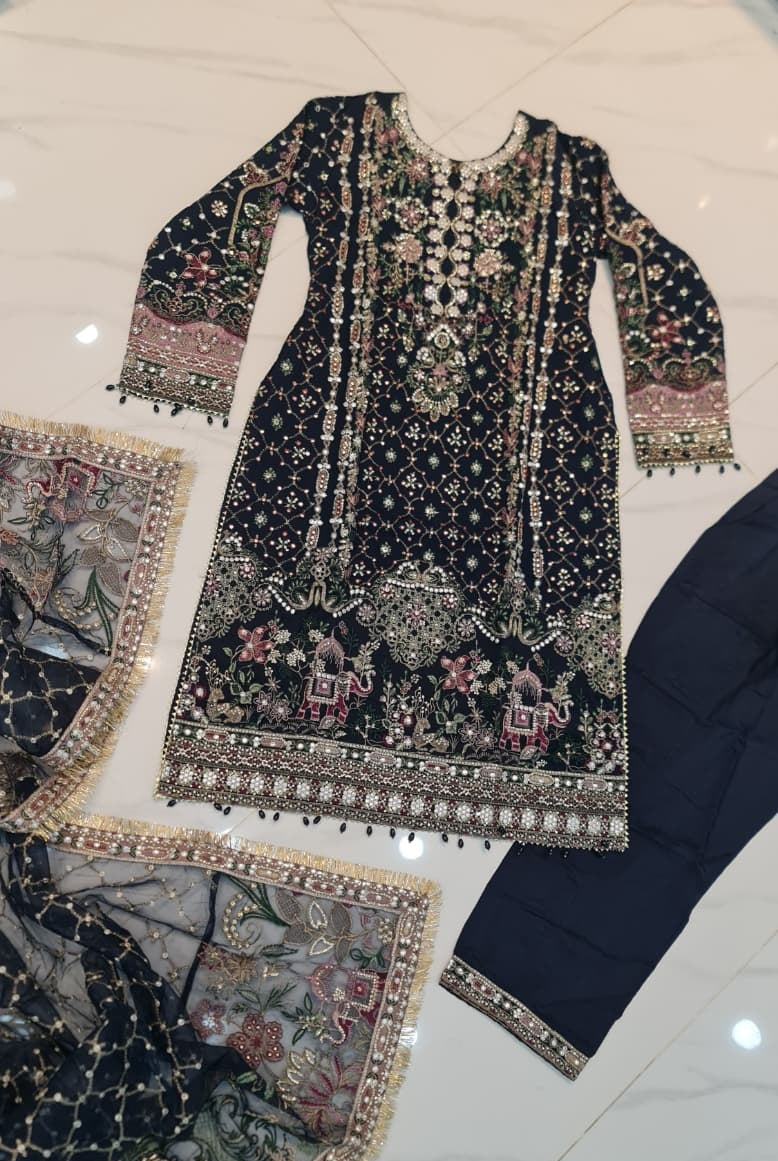 Pakistani women's navy blue chiffon straight shirt back view