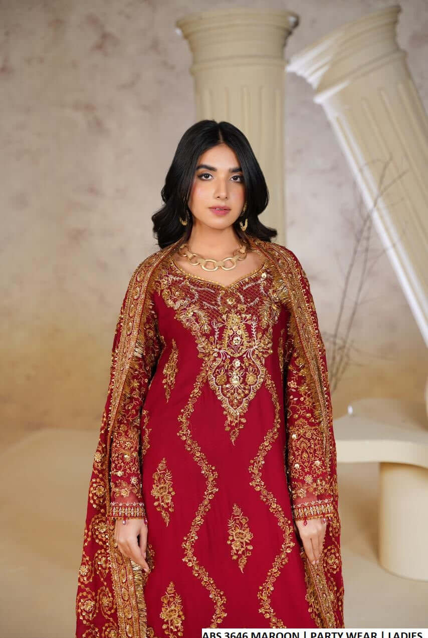 Maroon chiffon Pakistani women's A-Line shirt with sharara side view