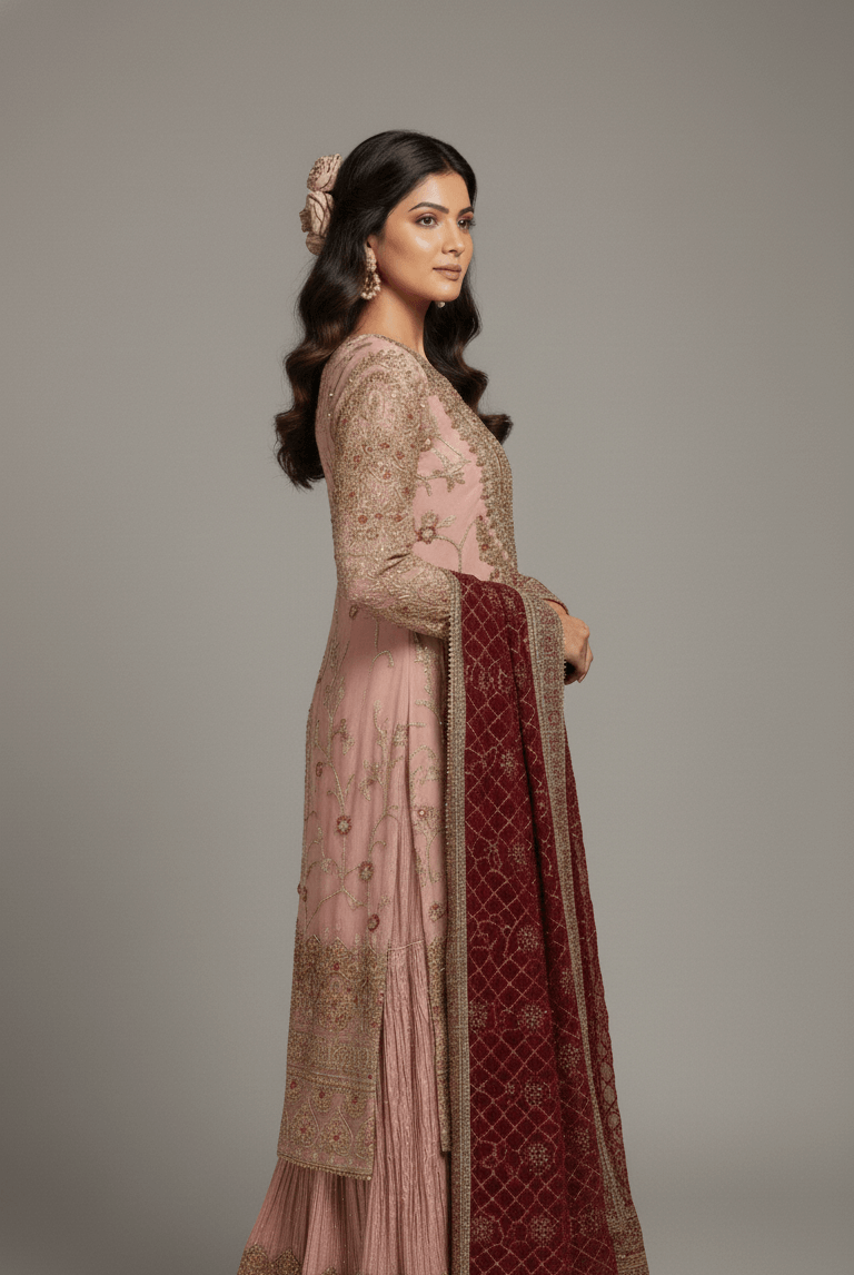 Pakistani women's tea pink chiffon straight shirt plazo detail view
