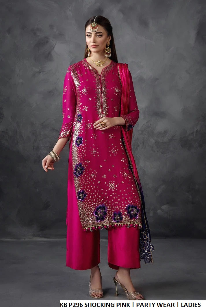 Crinkle chiffon embellished shirt shocking pink - Pakistani women's luxury party wear with chermeuse silk shalwar and silk dupatta front view