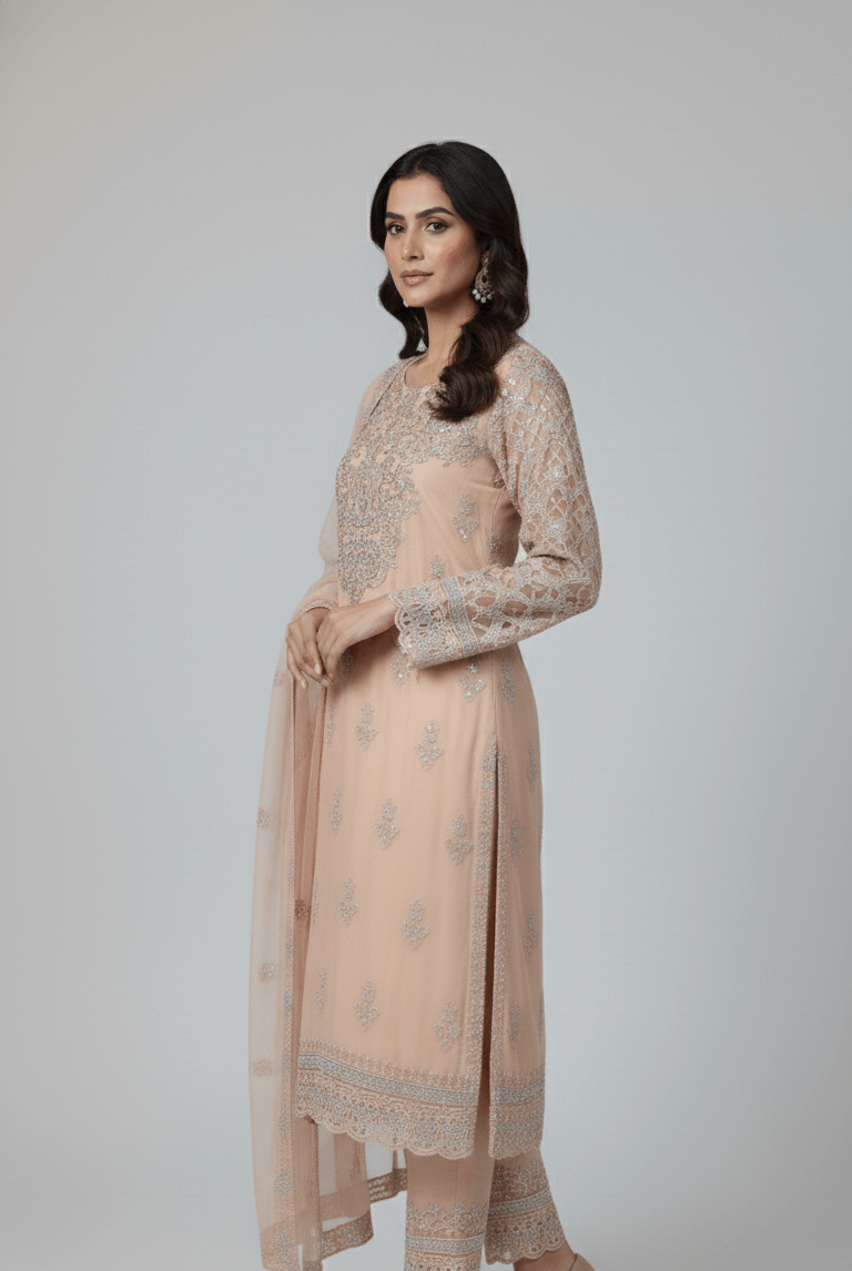 Pakistani women's peach organza straight shirt back view