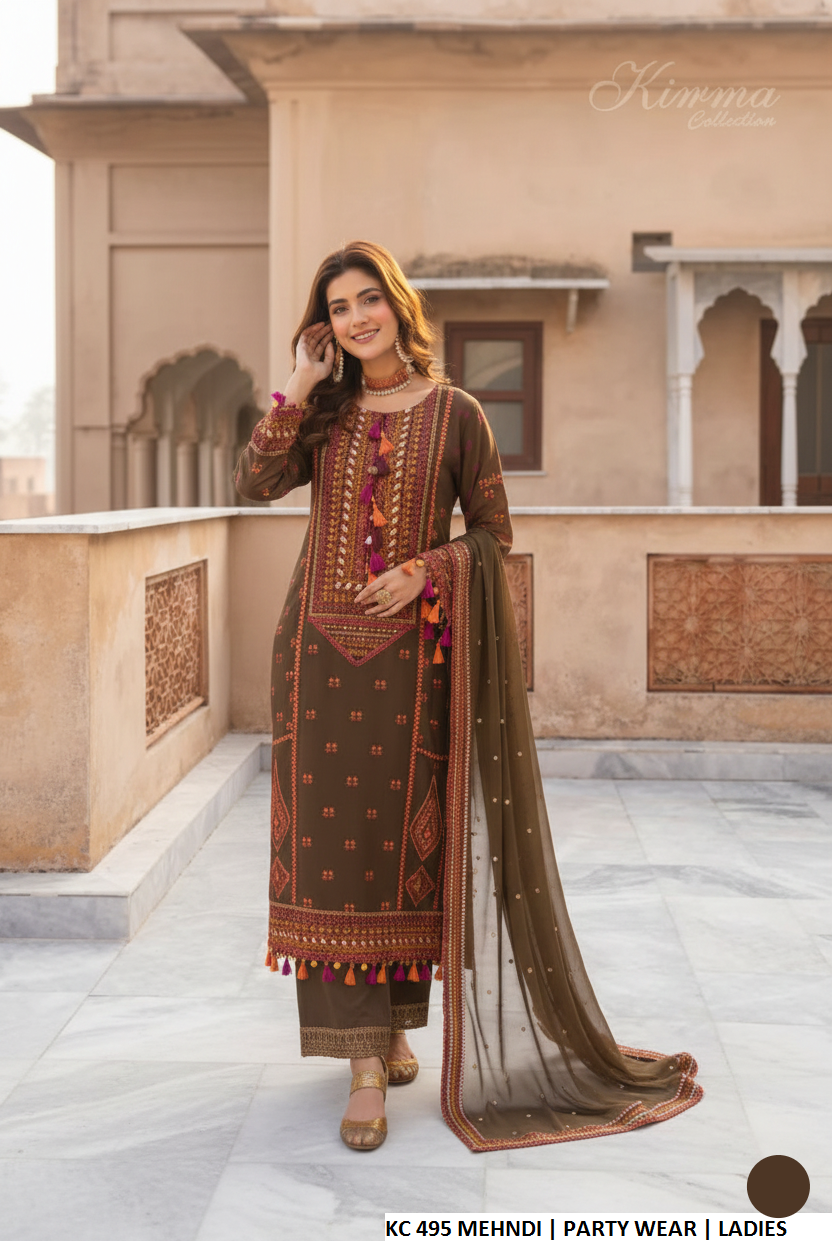 Pakistani women's mehndi green silk long shirt plazo back view