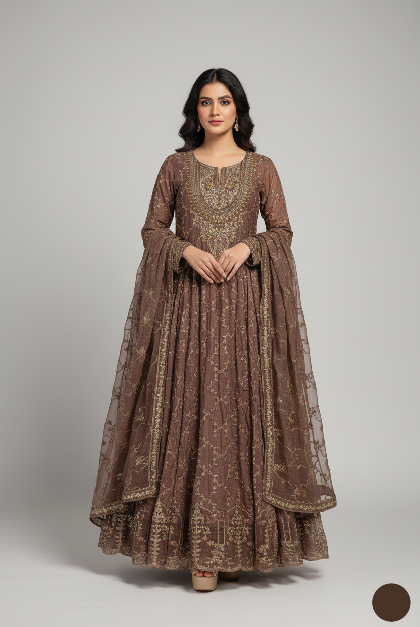 Chiffon full-flare long frock HE 1193 - Pakistani women's elegant formal wear front view