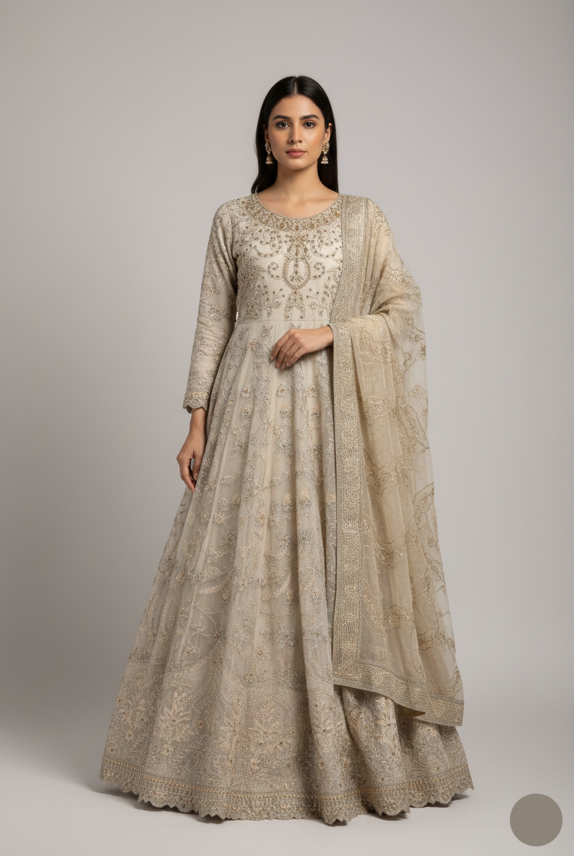 Chiffon long frock HE 1327 - Pakistani women's elegant formal wear with viscose trouser and organza dupatta front view