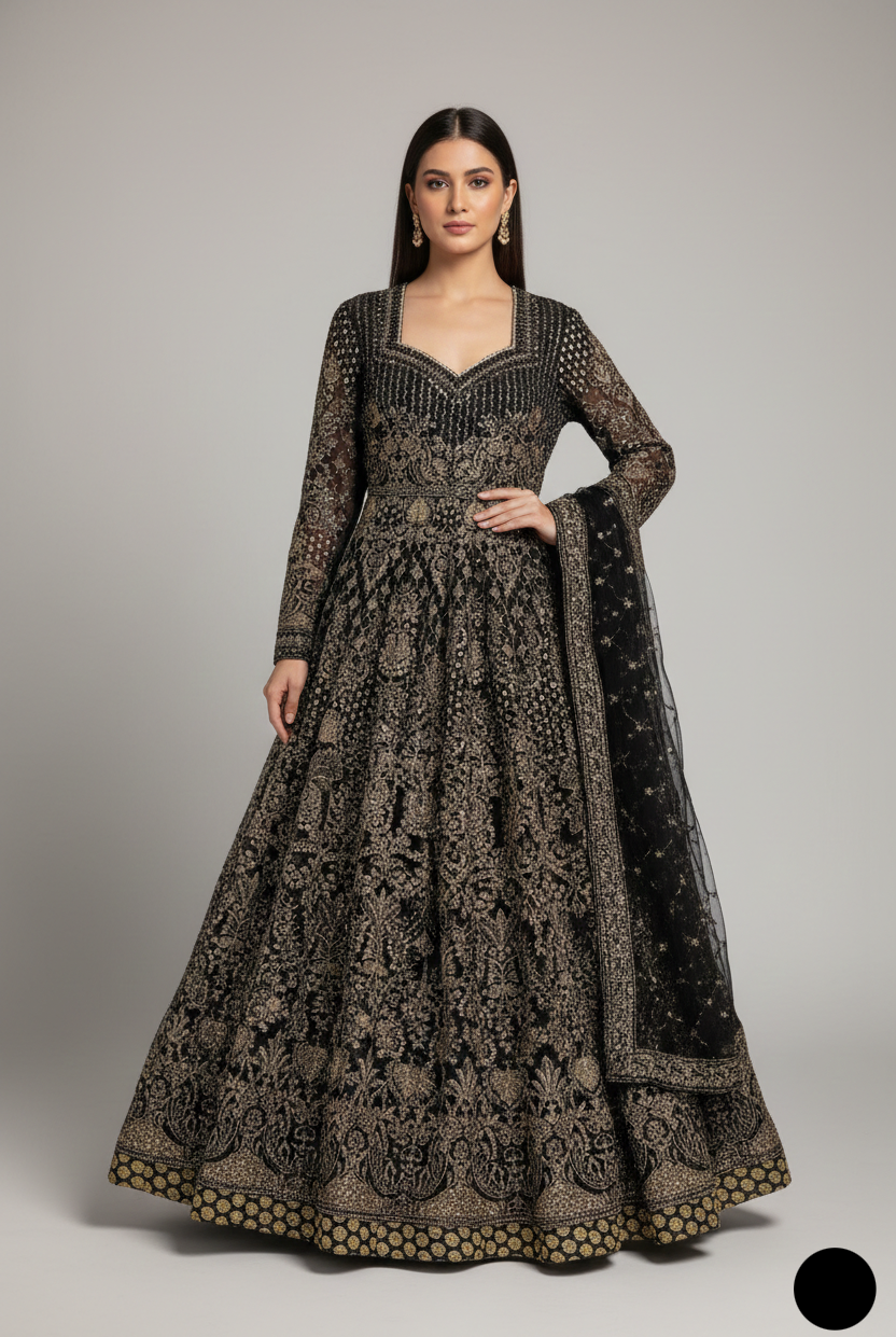 Net long frock HE 1357 - Pakistani women's formal wear with viscose trouser front view