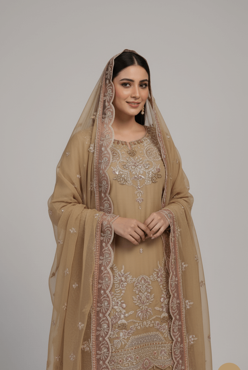 Skin chiffon Pakistani women's short shirt with sharara side view
