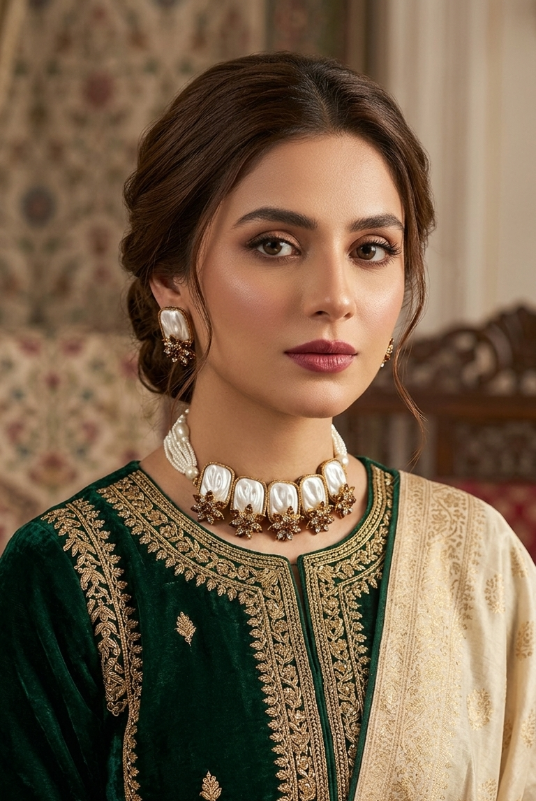 Ivory pearl floral statement necklace set JW260 - Pakistani women's luxury bridal jewelry with emerald green stones and gold finish front view