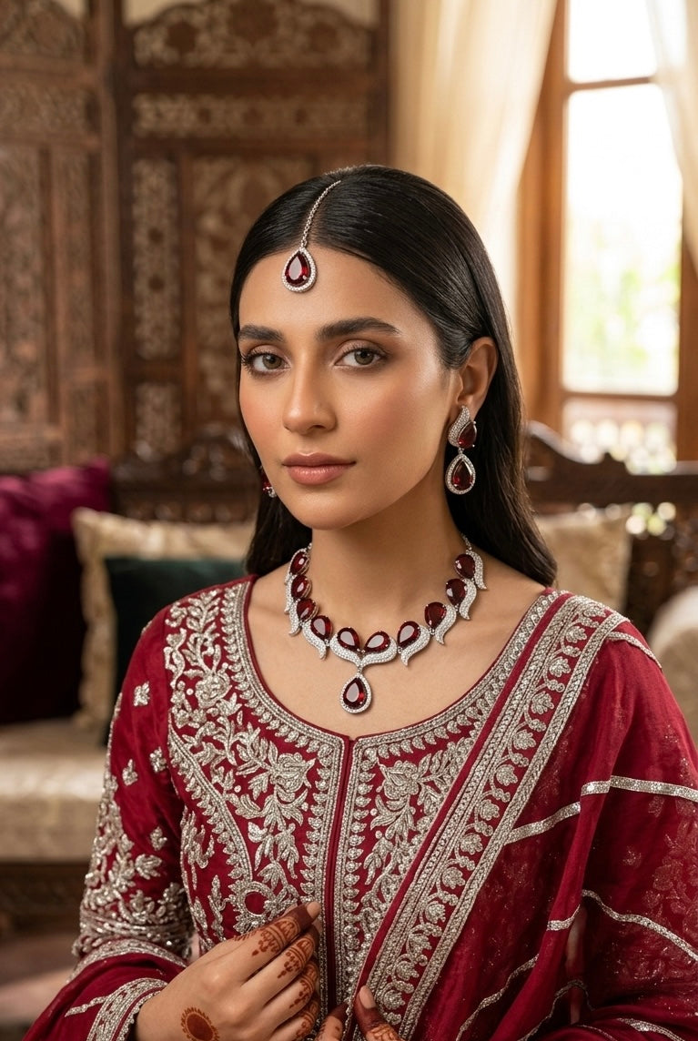 Ruby teardrop statement necklace set JW345 - Pakistani women's luxury bridal jewelry with deep ruby red stones and silver tone finish front view